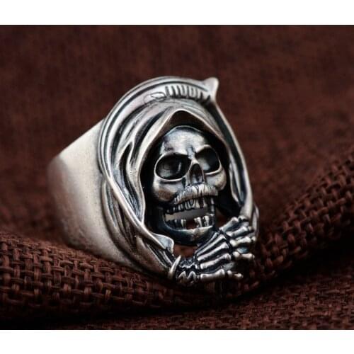 925 Sterling Silver color Skull Ring For Men Punk Rock Vintage Style Adjustable Size Skeleton Thai silver color Ring Men Jewelry