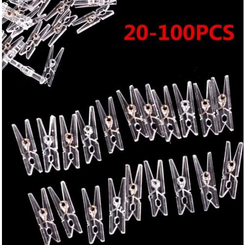 Hot! 20pcs/100pcs 25mm Mini Spring Clear Transparent Clips Clothes Photo Paper Peg Pin Clothespin Craft Clips Party Home Decor