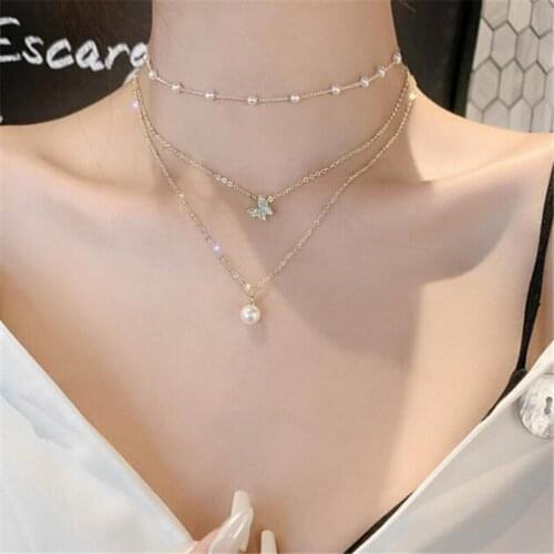 Multilayer Pearl Crystal Butterfly Choker Necklace Elegant Womens Party Clavicle Chain Necklace Fine Jewelry