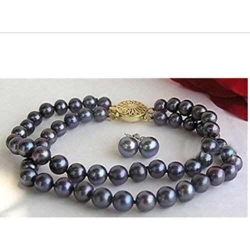 New hot 2Row 7-7.5mm Black Akoya Cultured pearl bracelet 7.5" Earrings