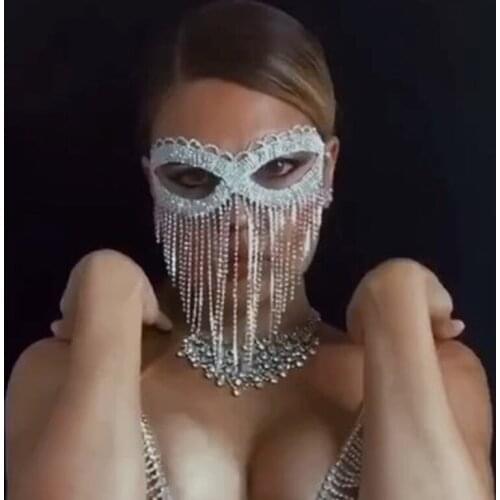 New Fashion Prom Tassel Rhinestone Mask Cosplay For Women Bling Crystal Headdress Nightclub Mask Bride Decoration Party