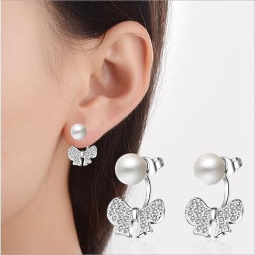 TJP Charm 925 Silver Earrings For Women Party Jewelry Fashion Rose Gold Bowknot Pearl Girl Earrings Accessories Lady Bijou Gift