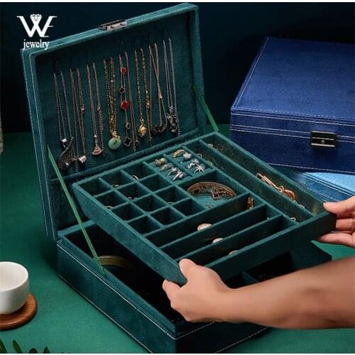 WE New Green Blue Multifunction Velvet Large Jewelry Box for Women Necklace Storage Ring Display Case Flannel Jewelry Organizer