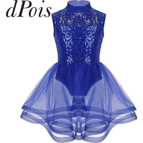 Kids Girls Dress Figure Ice Skating Ballet Dancewear Keyhole Back Sequins Roller Skating Leotard Dresses Clothes Dance Dress