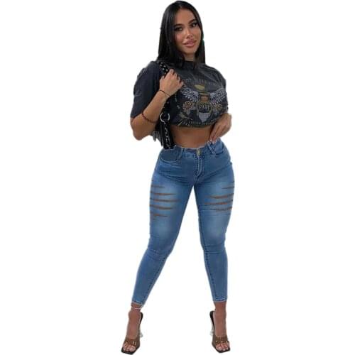Casual Women Pencil Jeans Pants Ripped Skinny Hollow Out Long Jeans Pants Streetwear Summer Clothes For Women Outfut