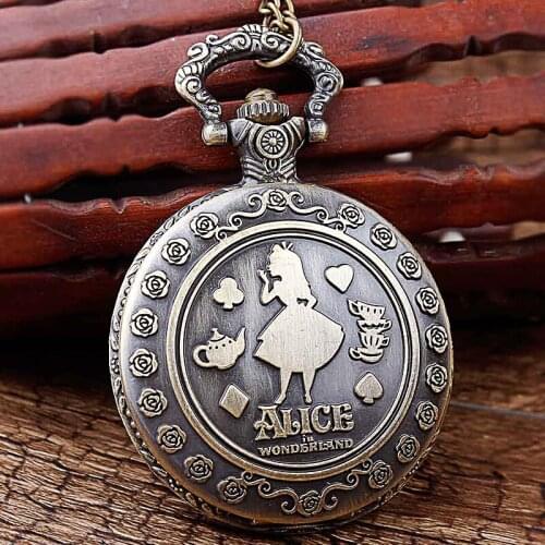 Retro Vintage Alice In Wonderland Quartz Pocket Watch Necklace for Women Men Fob Chain Pendant Childrens Gift reloj regarder