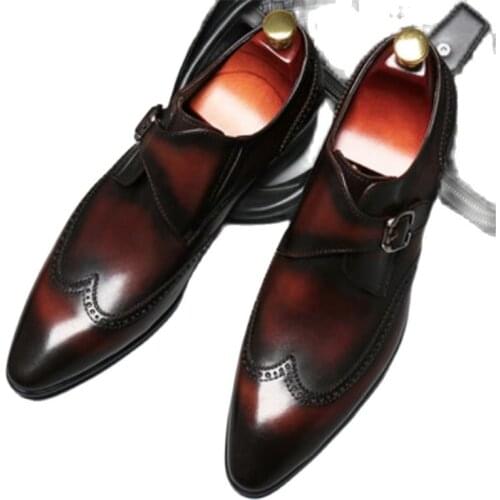 Carved mens shoes, business dress shoes, fashionable buckle single shoes, mens British pointed, wedding wear