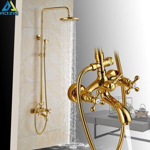 Luxury Golden Bathroom Shower Mixer Taps Wall 8" Rainfall Bath Shower Faucet Set W/ Handshower Tub Spout