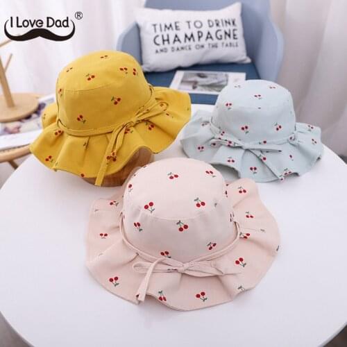 Cute Bowknot Ruffled Baby Girls Hats Wide Brim Kids Caps Cherry Printing Children Bucket Hats Summer Sun Hats
