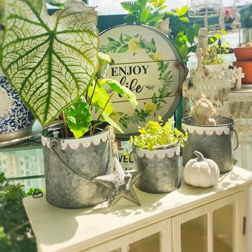 Vintage dried flowers iron flower bucket with handle plant flower pot flower pot bucket vase home balcony flower decoration