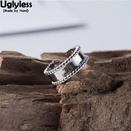Uglyless 100% Real 925 Sterling Silver Wide Finger Rings for Women Crimping Sided Wild Open Ring Simple Glossy Fine Jewelry