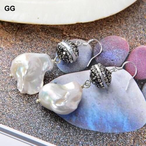 GuaiGuai Jewelry 2.2" White Keshi Pearl Earrings 925 Silver Hook