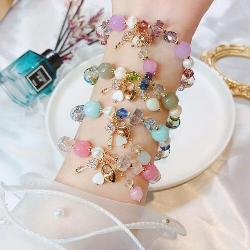 Lock/Key Pink/Purple/Blue/Green Natural Stone Freshwater Pearls Crystal Beaded Strand Bracelets Women Fashion Jewelry YBR370