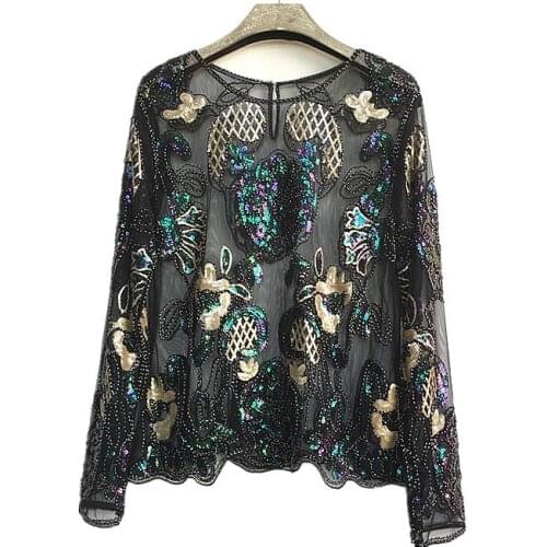 2019 Floral Beading Sequined Blouse Womens Fashion Long Sleeve Perspective Mesh Lace Tops