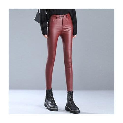 2021 Spring Fall Fashion Women Ladies Wine Red Black Grey Beige Pu Leather Skinny Pencil Pants , Woman Stretchy Slim Trousers