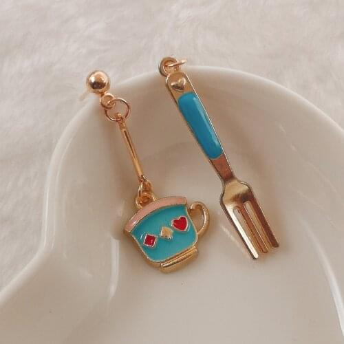 Womens Earrings Fork Cup Asymmetrical Retro Fashion Design Student Gifts Ladies Wedding Jewelry, Coffee Cup Fork Earrings