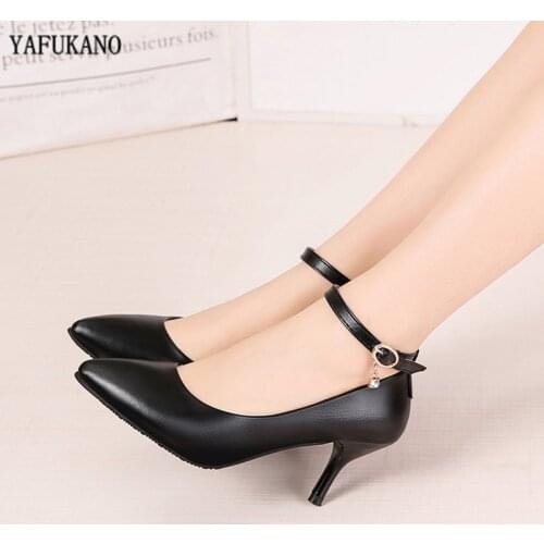 2020 New Soft Leather High Heels Black Matte Comfort Ankle Strap Pumps Ol Office Lady Shoes Woman Dress Shoes