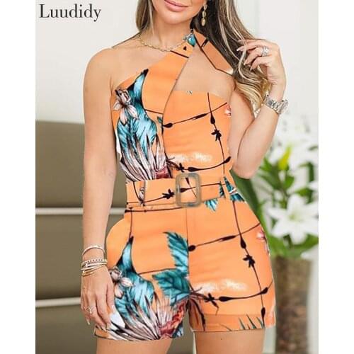 Women One Shoulder Playsuits Summer Lace Up Print Regular Rompers with Belt