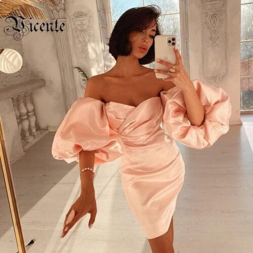 VC All Free Shipping Trendy Pink Mini Dress Sexy Off Shoulder Puff Sleeves Design Celebrity Party Club Satin Vestido