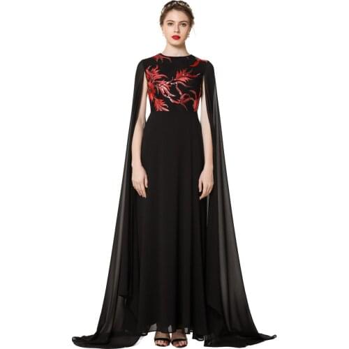 2020 Elegant Summer Women Black Dresses Caped Chiffon Sequin Formal Maxi Gown Long Prom Ball Dress Abaya Ladies Clothing Fashion