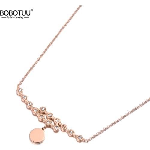 BOBOTUU Fashion White CZ Crystal Flower Pendant Necklaces For Women Rose Gold Titanium Stainless Steel Choker Necklace BN19146