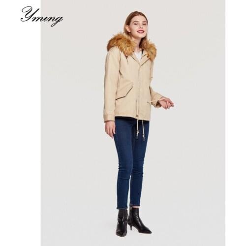 YMING Womens Winter Large Fur Collar Hooded Quilted Lambskin Mid-length Womens Cotton Coat Large Size Casual Slim