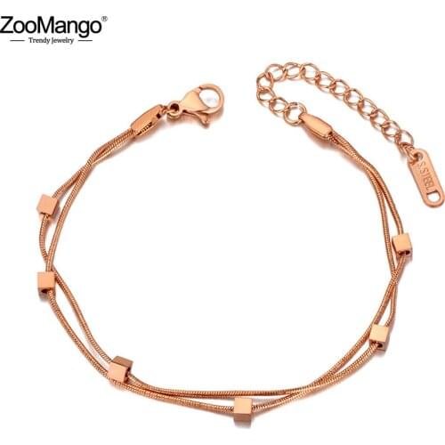 ZooMango Fashion Titanium Stainless Steel Square Charm Bracelets For Women Double Layer Rose Gold Snake Chain Jewelry ZB20073