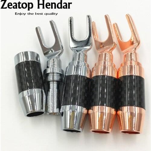 10Pcs Silver / Rose-gold Plated Brass Y U- Type Screw Spade Speaker Banana Male Plug Carbon Fiber Body Audio Fork Connector