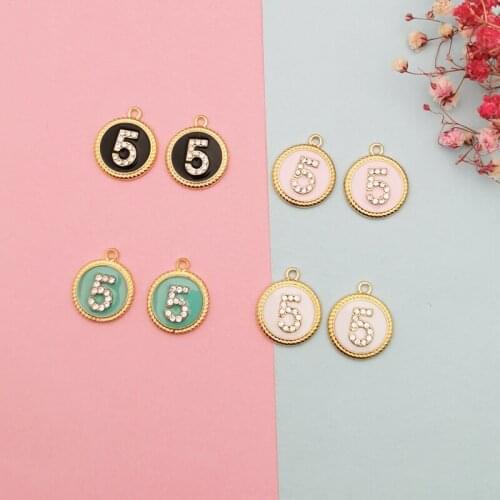 10pcs Rhinestone Number Five 5 Enamel Charms Pendants Metal Round Charms DIY Bracelet Earrings For Jewelry Accessory Golden Base
