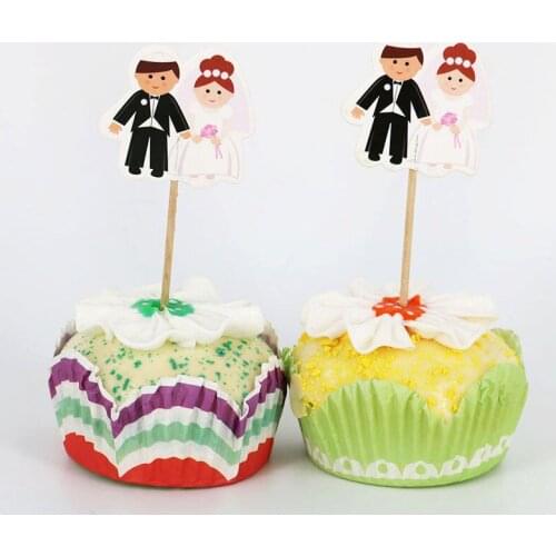 20pcs Wedding groom and bride Cupcake Toppers Candy Bar Pick With Bamboo Birthday Party Supplies Kids Baby Shower Decorations