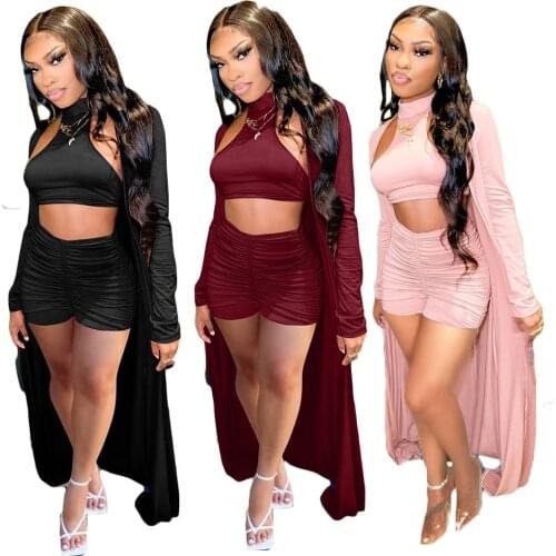 Echoine 3 pcs Sleeveless Halter Backless Crop Top Pleated Stacked Shorts Long Cardigans Three Piece Set Tracksuit Metching Set