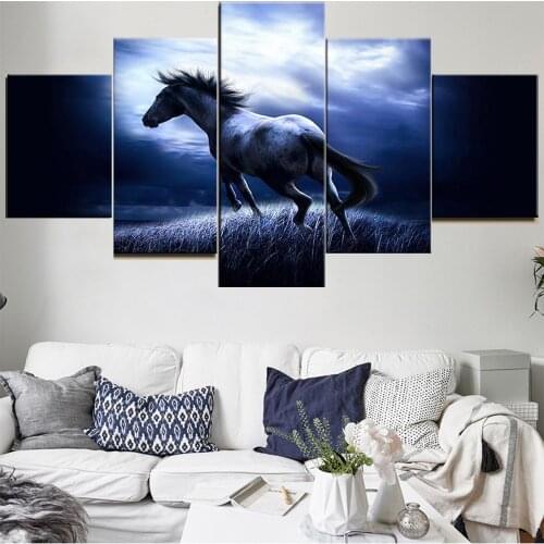 5 Pieces Wall Art Canvas Painting Animal Poster Horse Running At Night For Modern Living Room Home Decoration Framework Pictures