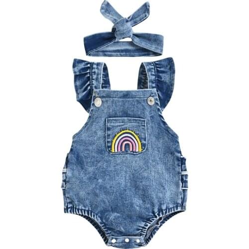Newborn Baby Summer Clothes Toddler Infant Kids Girls Boys Rainbow Embroidery Strap Denim Rompers Jumpsuits Soft Casual Outfits