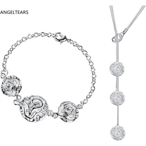 Hot Sales Silver Color Rose Pendant Necklace & Bracelet Jewelry Set Fashion Valentines Day Gift For Women Drop shipping