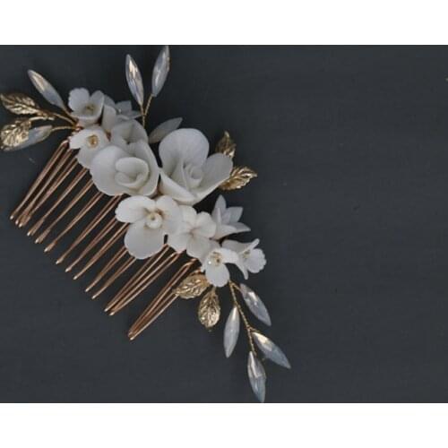 Floralbride Handmade Ins Style Ceram Flower Alloy Leaf Crystals Pearls Bridal Hair Comb Wedding Hair Accessories Women Jewelry
