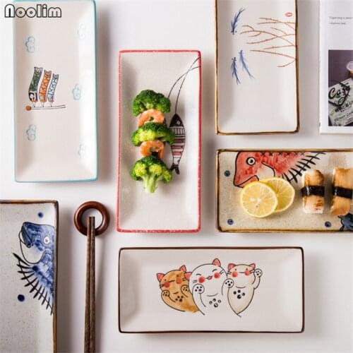 NOOLIM Japanese Style Ceramic Plate Sushi Plate Creative Personality Rectangular Hand Painted Cat Plate Household Tableware