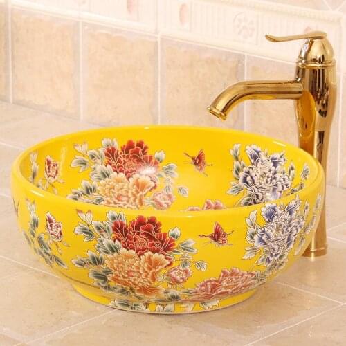 China Painting Yellow peony Ceramic Painting Art Lavabo Bathroom Sinks antique ceramic wash basin