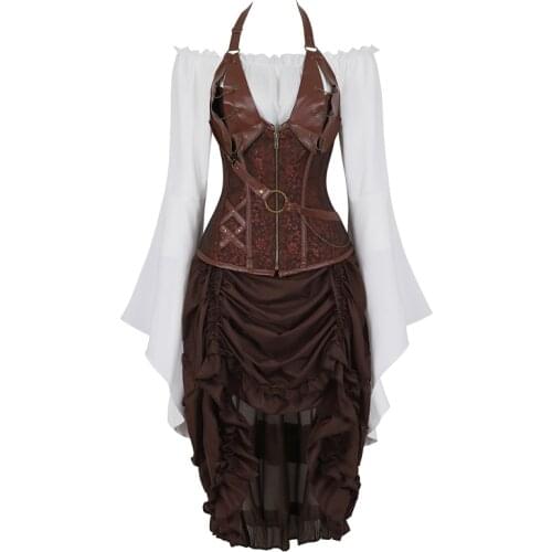 Steampunk corset dresss top skirt 3-piece front high and low irregular costume cosplay leather corsets bustier burlesque vintage