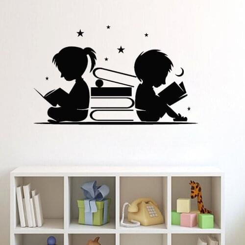 Boy Girl Read Books Wall Sticker Stars Moon Wall Art Murals Library Reading Corner Wall Decor Children Room Nursery Decoration