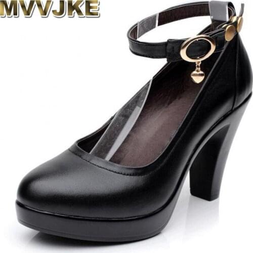 MVVJKE 2018 womens high heel shoes female black pumps genuine leather strap work shoes size 32-43 E179