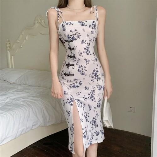 Real Shot 2021 New Fashion Temperament Printed Split Summer Slim Cheongsam Suspender Dress