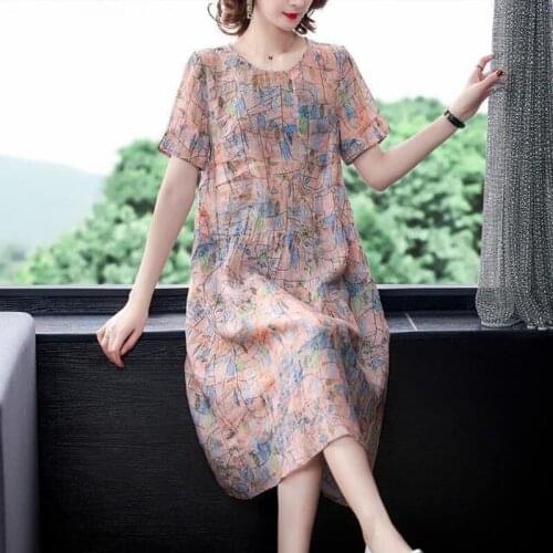 2021 New Summer Middle Aged Women Ice Silk Loose Print Dress Female Korean Short Sleeve Dresses Party Vestidos Plus Size Y278