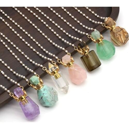 Natural Stone Amethyst/Smoky Quartz Perfume Bottle Necklace Pearl Chain For Women Free Gift Accessory Glasses Frames Pearl Chain