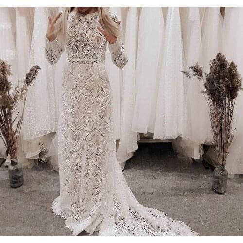 Romantic Scoop Long Sleeve Bridal Gown Wedding Dress Boho Lace Backless Boho Hippie vestidos de mairee Wedding Dress