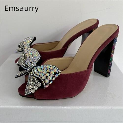 Luxury Rhinestone Butterfly-Knot Sandals Women Colorful Diamond High Heel Peep Toe Suede Slingbacks Mules Lady Summer