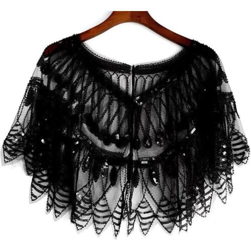 1920s Shawl Wraps Gatsby Beaded Evening Cape Bridal Shawl Bolero Flapper Cover Up Hollow out Sequins 9430