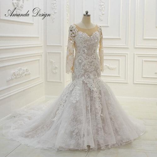 Amanda Design O-Neck Long Sleeve Shiny Pearls Champagne Mermaid Wedding Dress 2019