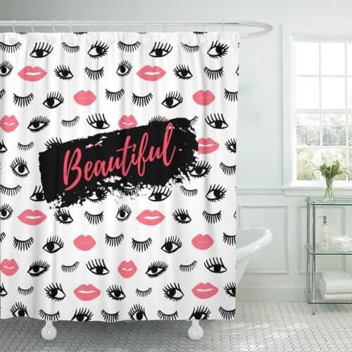 Beautiful Eye Pink Lips Doodles in Retro Beauty Shower Curtain Waterproof Polyester Fabric 60 x 72 Inches Set with Hooks