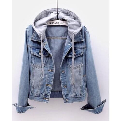 Womens short spring and autumn new long-sleeved slim hooded jacket wild college wind large size denim short coat Removable hat