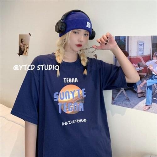 Summer 2021 New Vintage Sunset Print Round Neck All-Match Blouse Hip-Hop Street Oversized t-Shirt Women